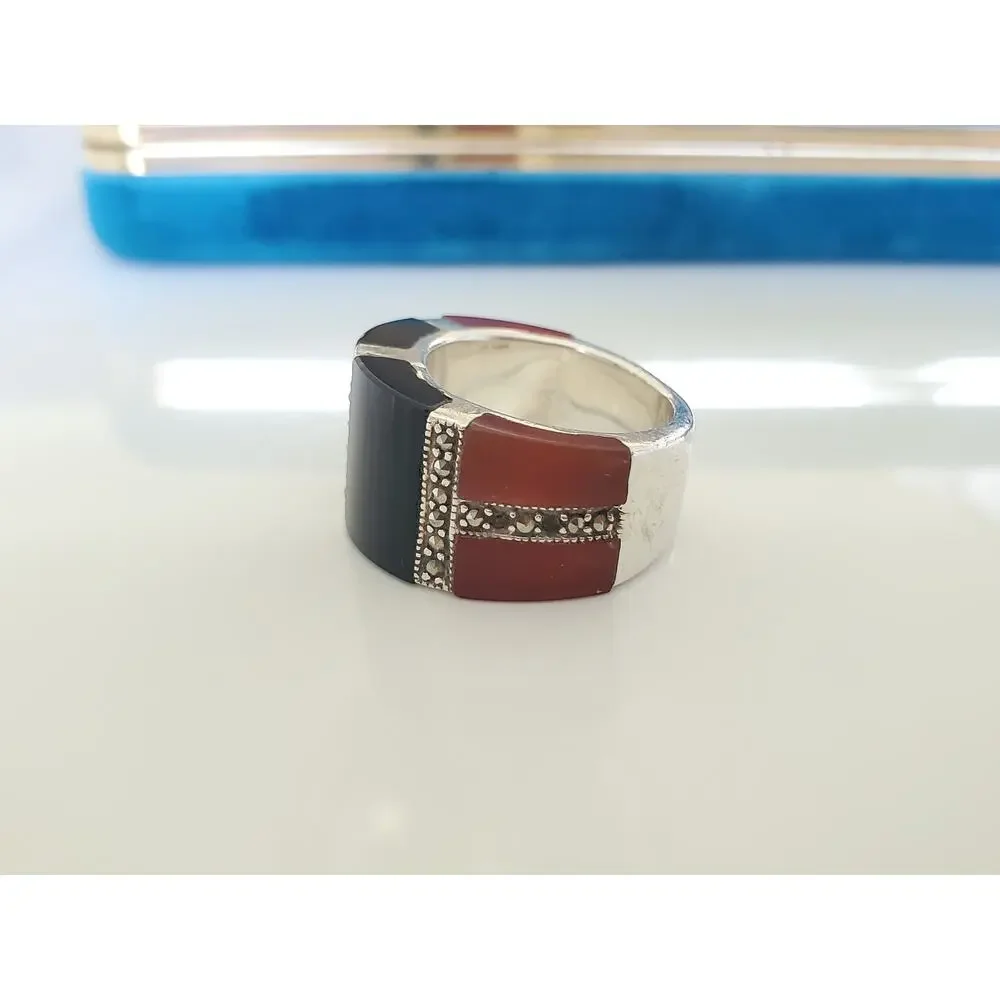 Vintage Onyx Carnelian and Marcasite Sterling Silver Wide Ring Band